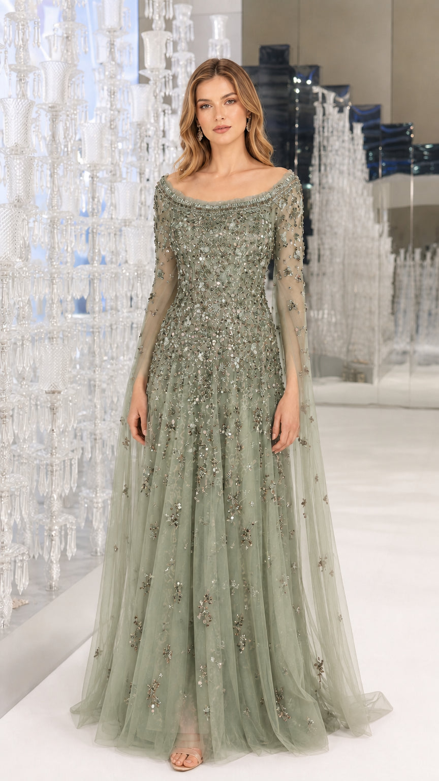Front view of Sage Green embellished evening gown