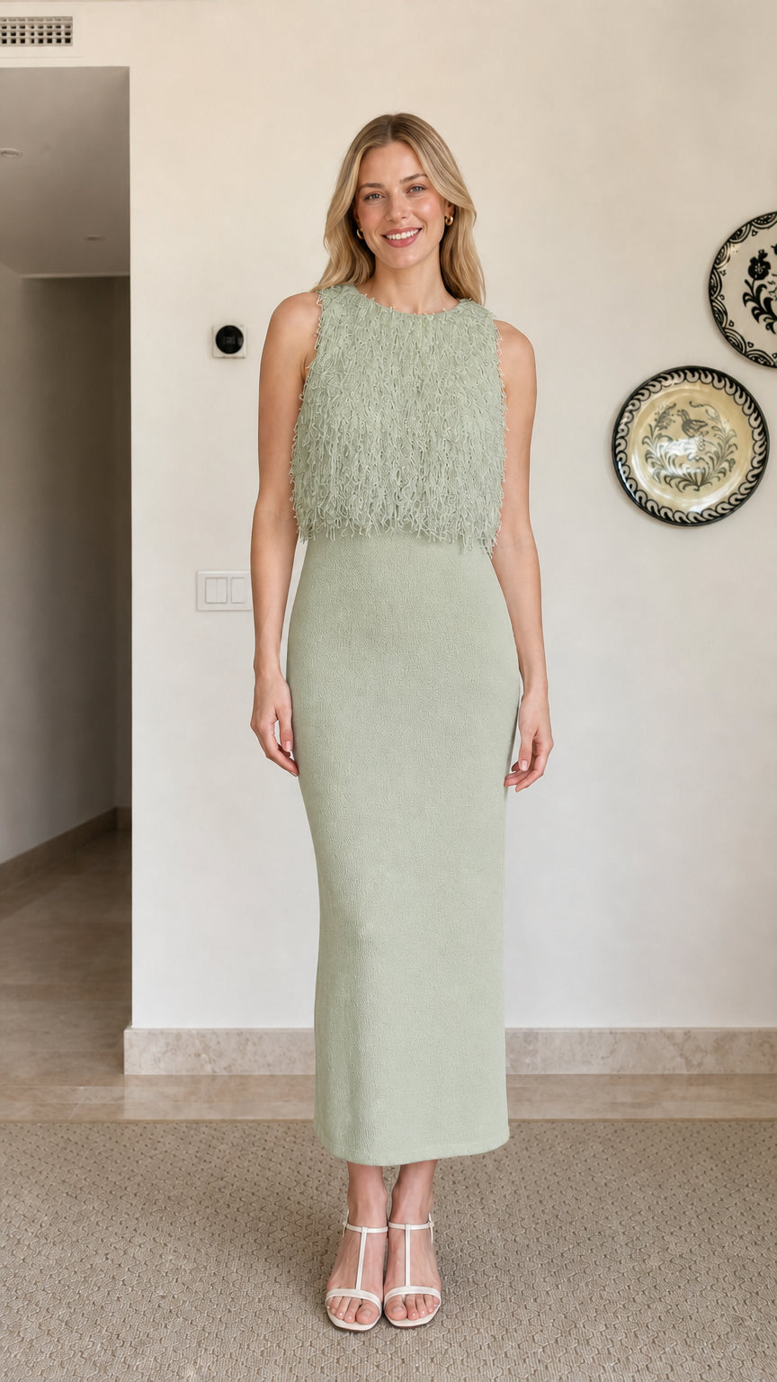 Model wearing sage fringe textured sleeveless midi dress
