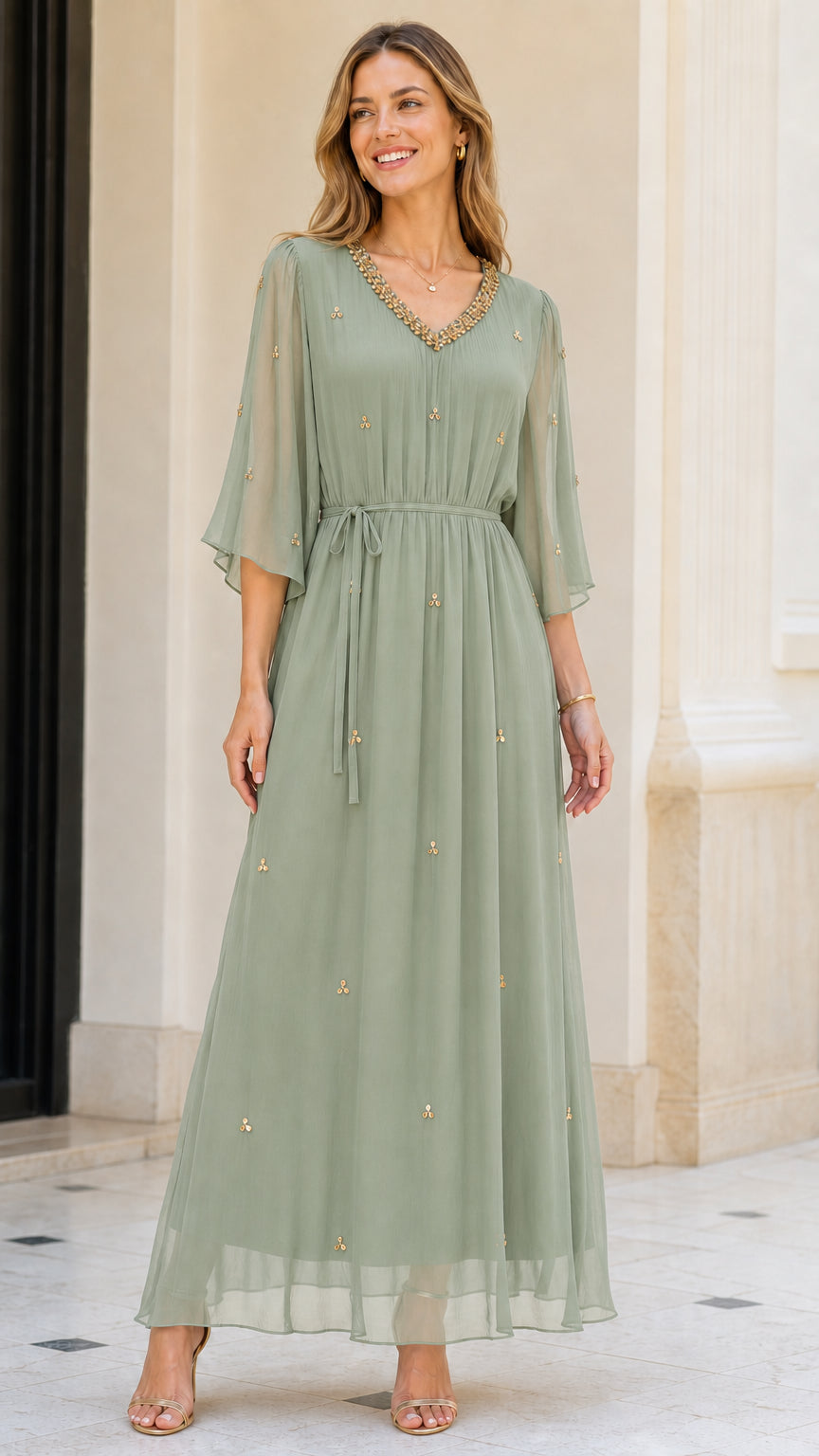 Front view of model wearing Sage Green embellished chiffon maxi dress