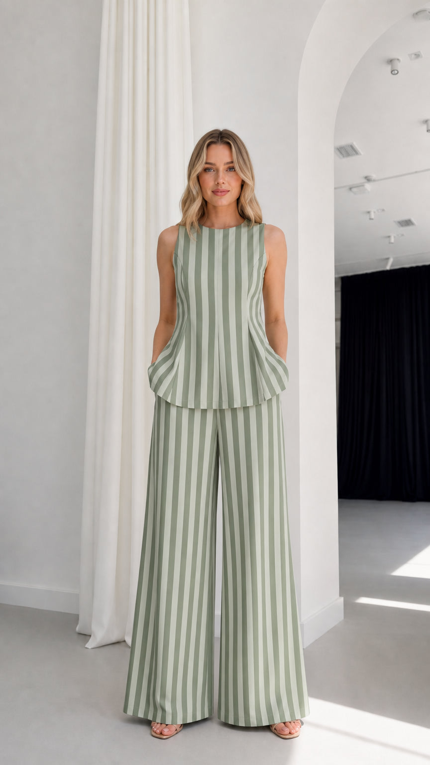 Model wearing sage green striped matching set