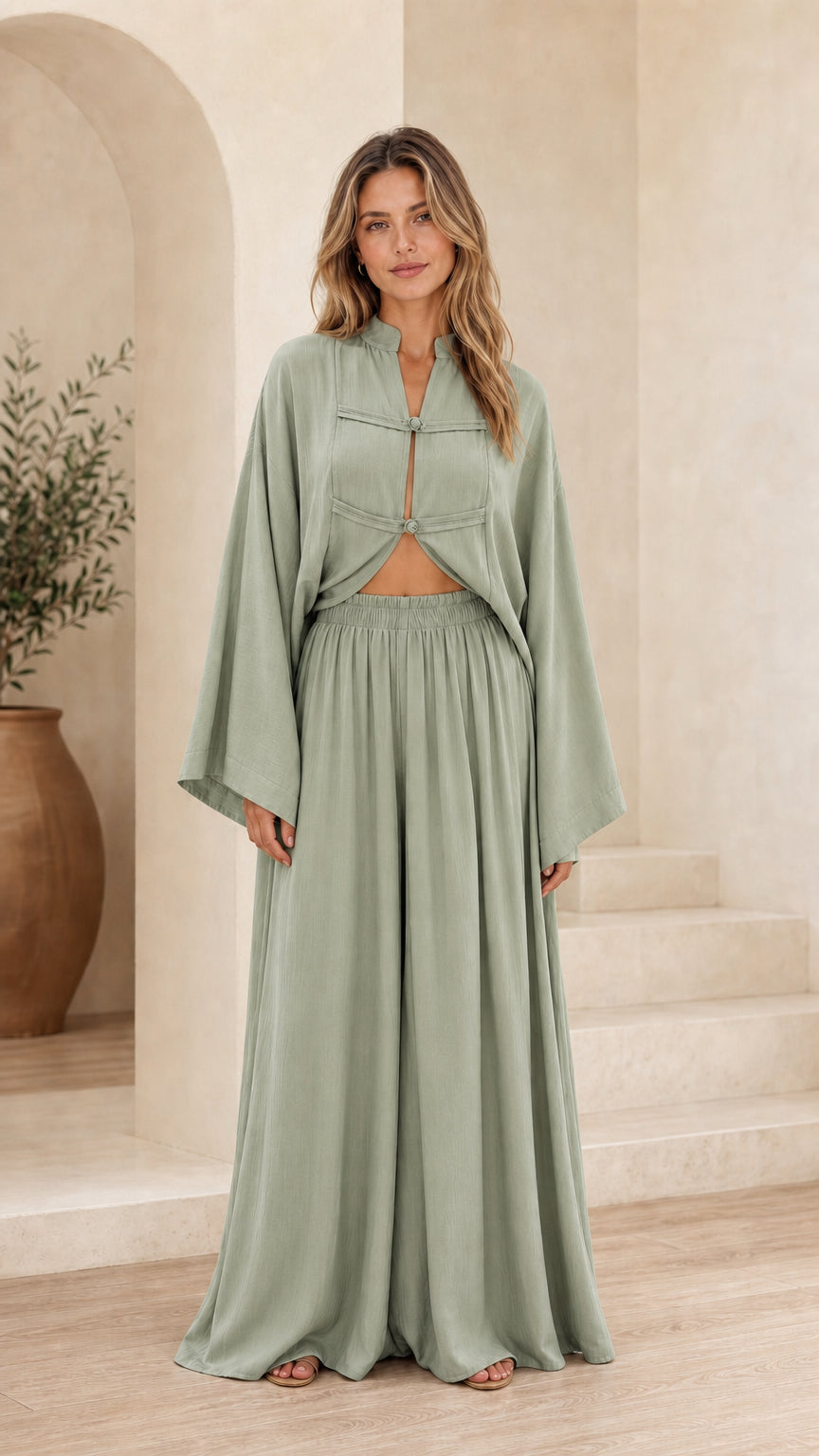 Front full view of sage green two-piece set