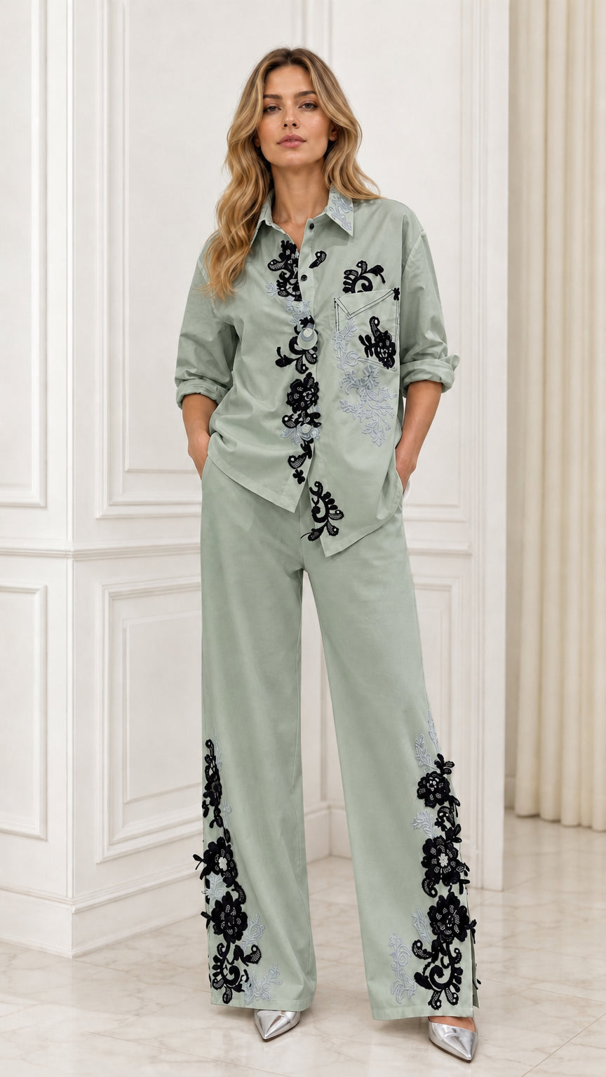 Full front view of sage green embroidered matching set