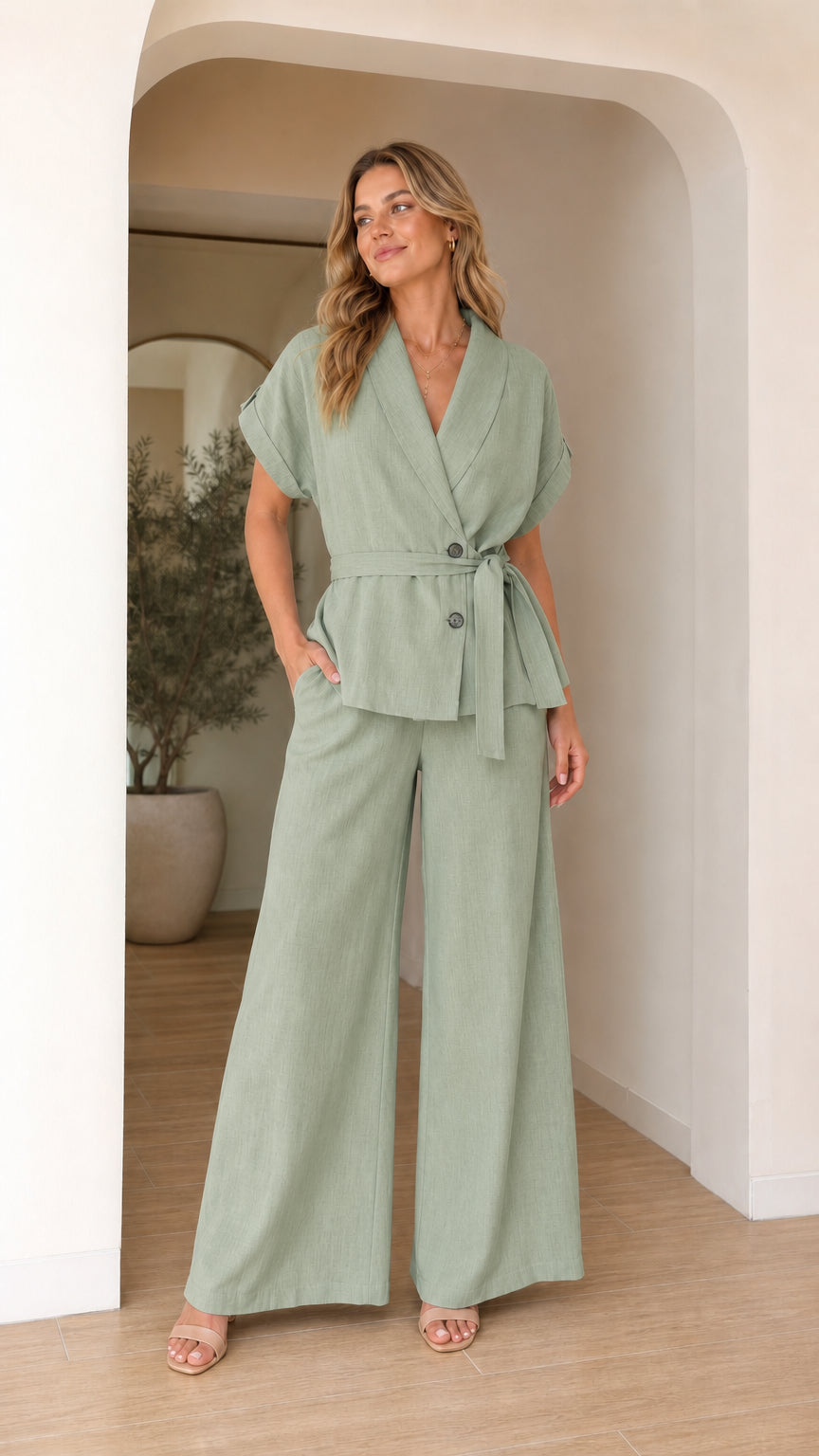 Model wearing sage green two-piece blazer and wide leg pants set