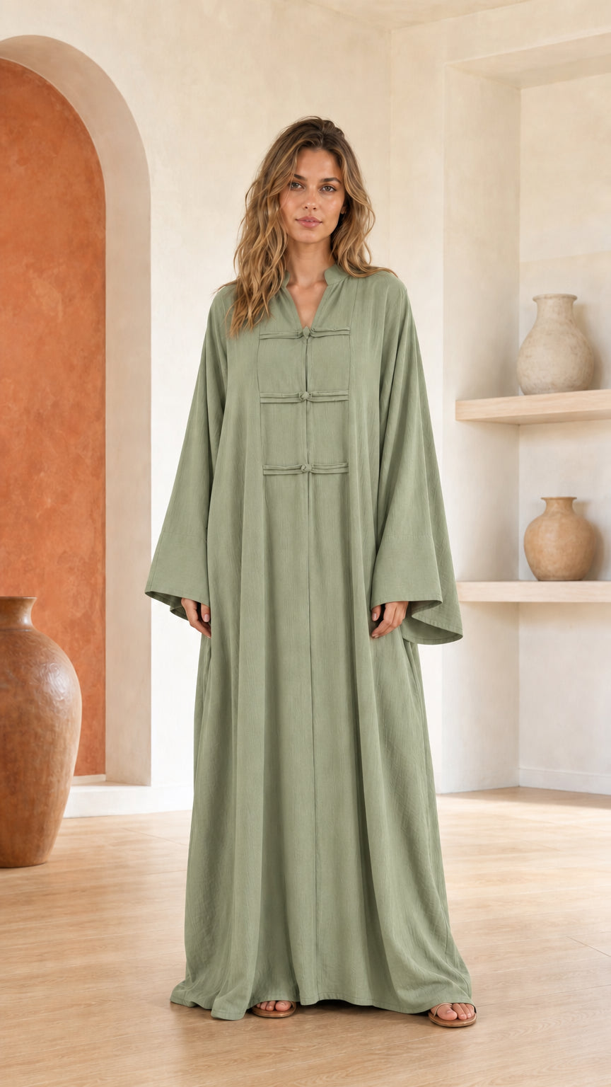 Front view of woman wearing sage green maxi dress