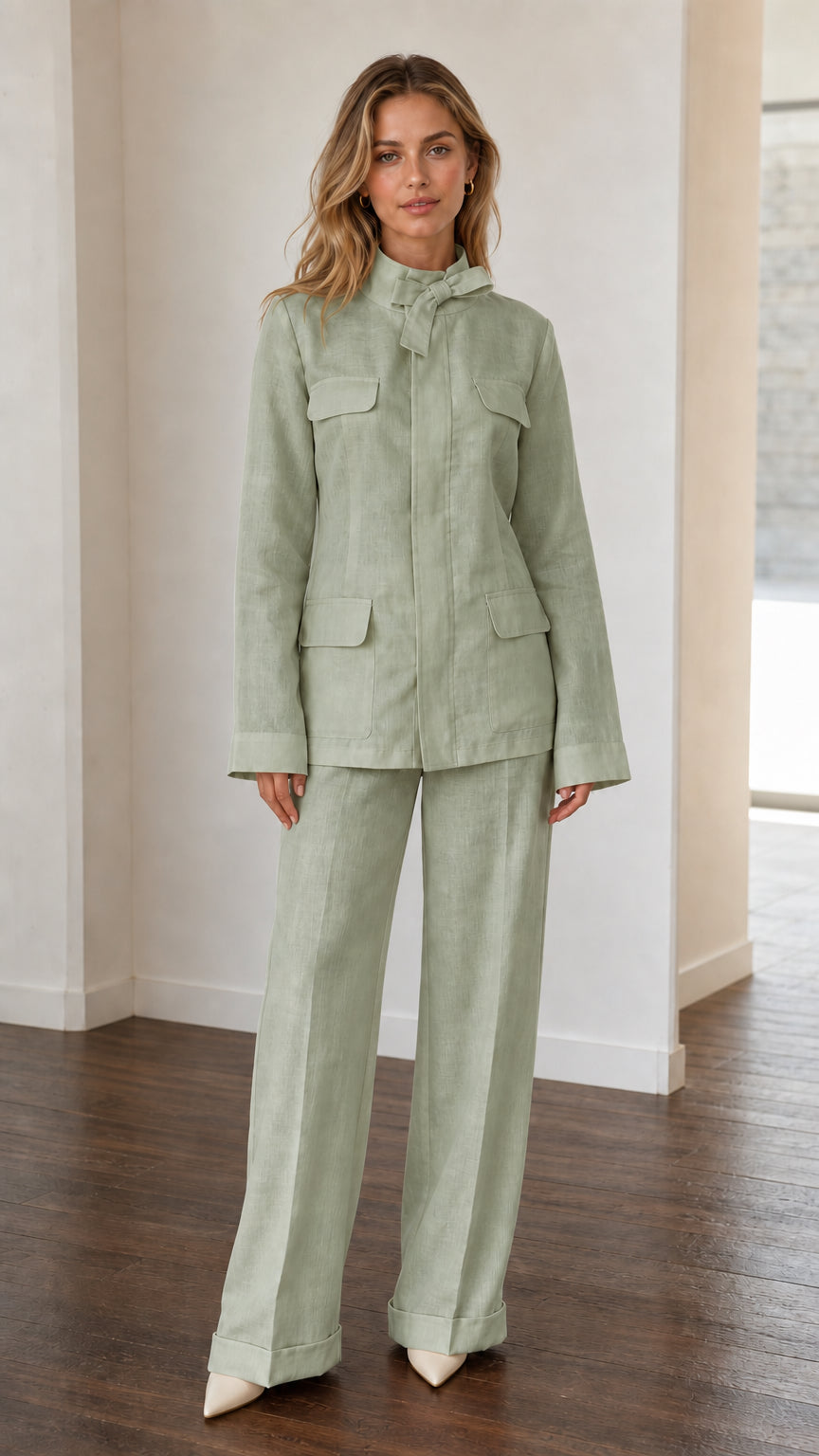 Front view of woman wearing Sage Green utility pant suit set