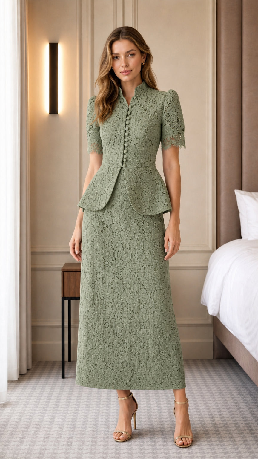 Full view of woman wearing sage green lace peplum skirt set