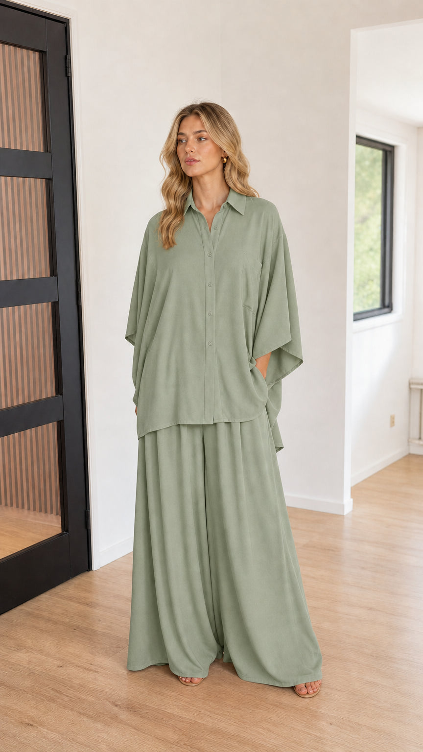 Sage green women's two-piece wide-leg pants set