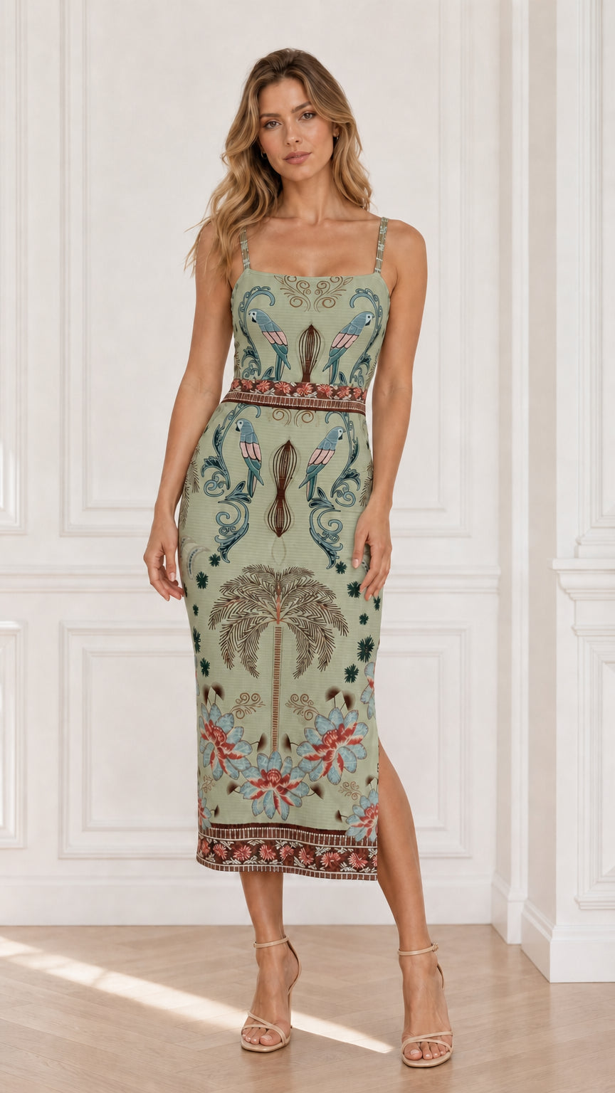 Front view of model wearing Sage tropical parrot print camisole midi dress