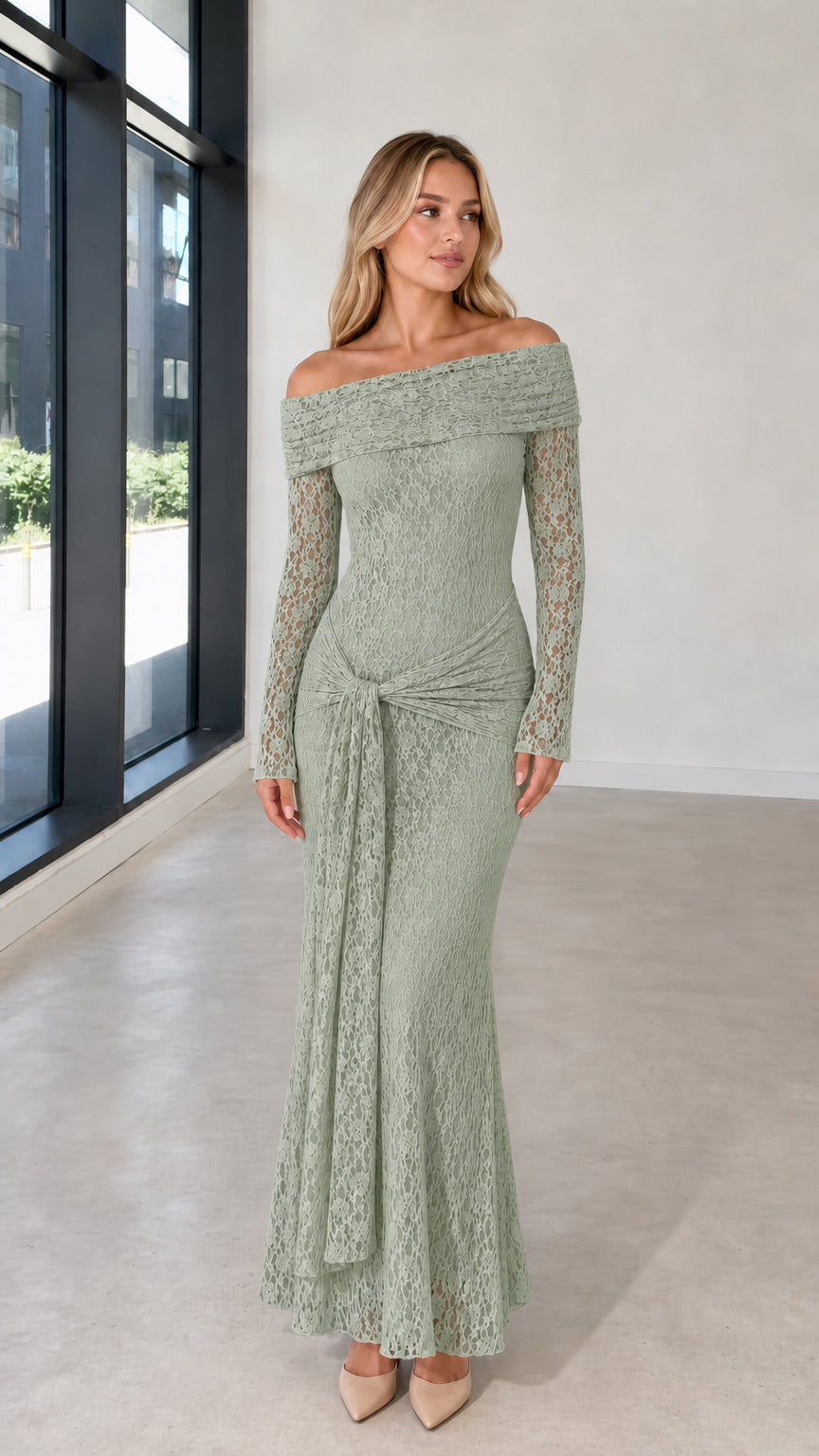 Full front view of model in sage green lace evening dress