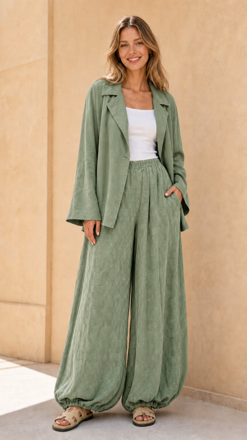Model wearing sage green matching blazer and pant set