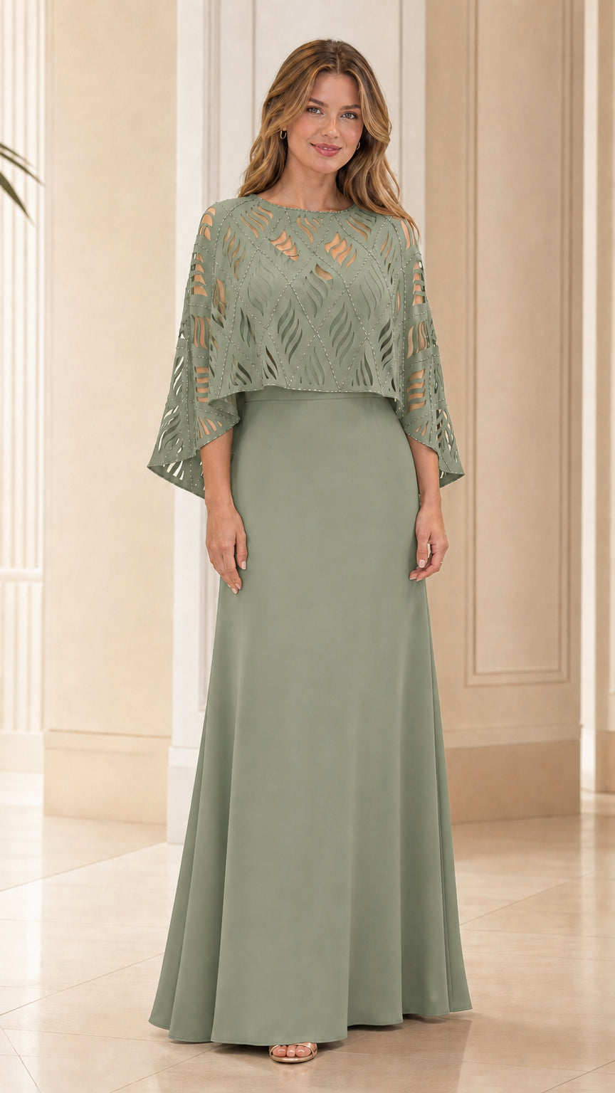 Front view of the sage green evening dress variant