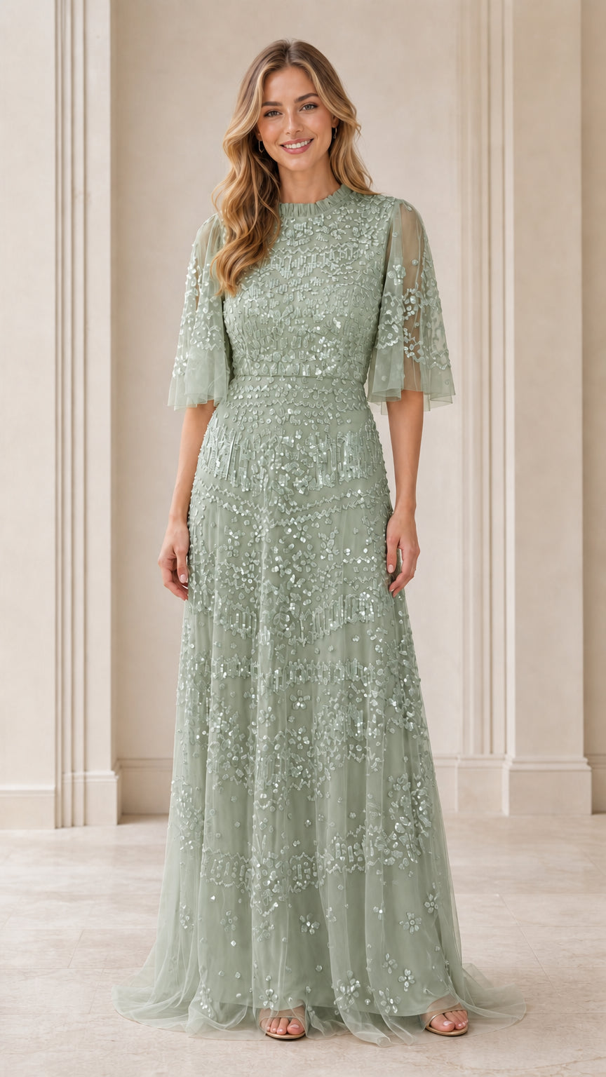 Front view of model wearing sage green sequin evening gown