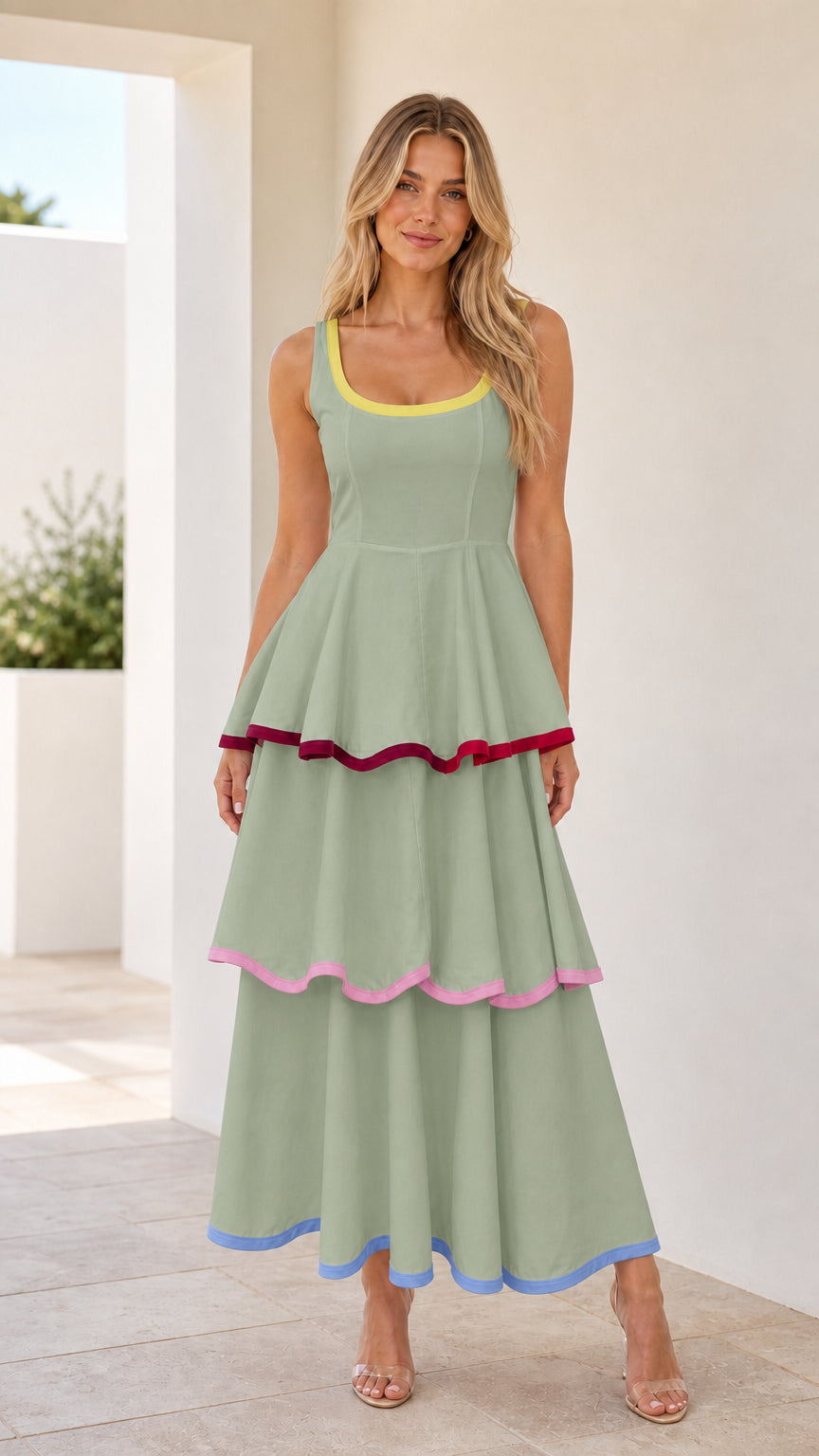Front view of sage green contrast trim tiered maxi dress