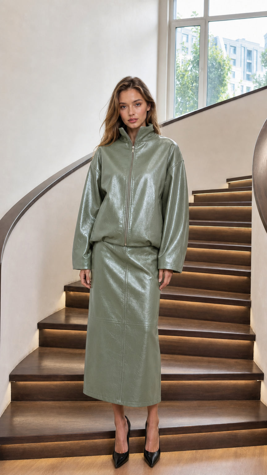 Woman wearing sage green glossy faux leather matching set