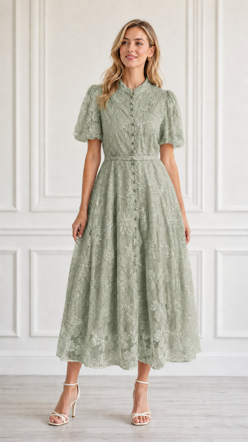 Front view of model wearing sage green floral embroidered midi dress