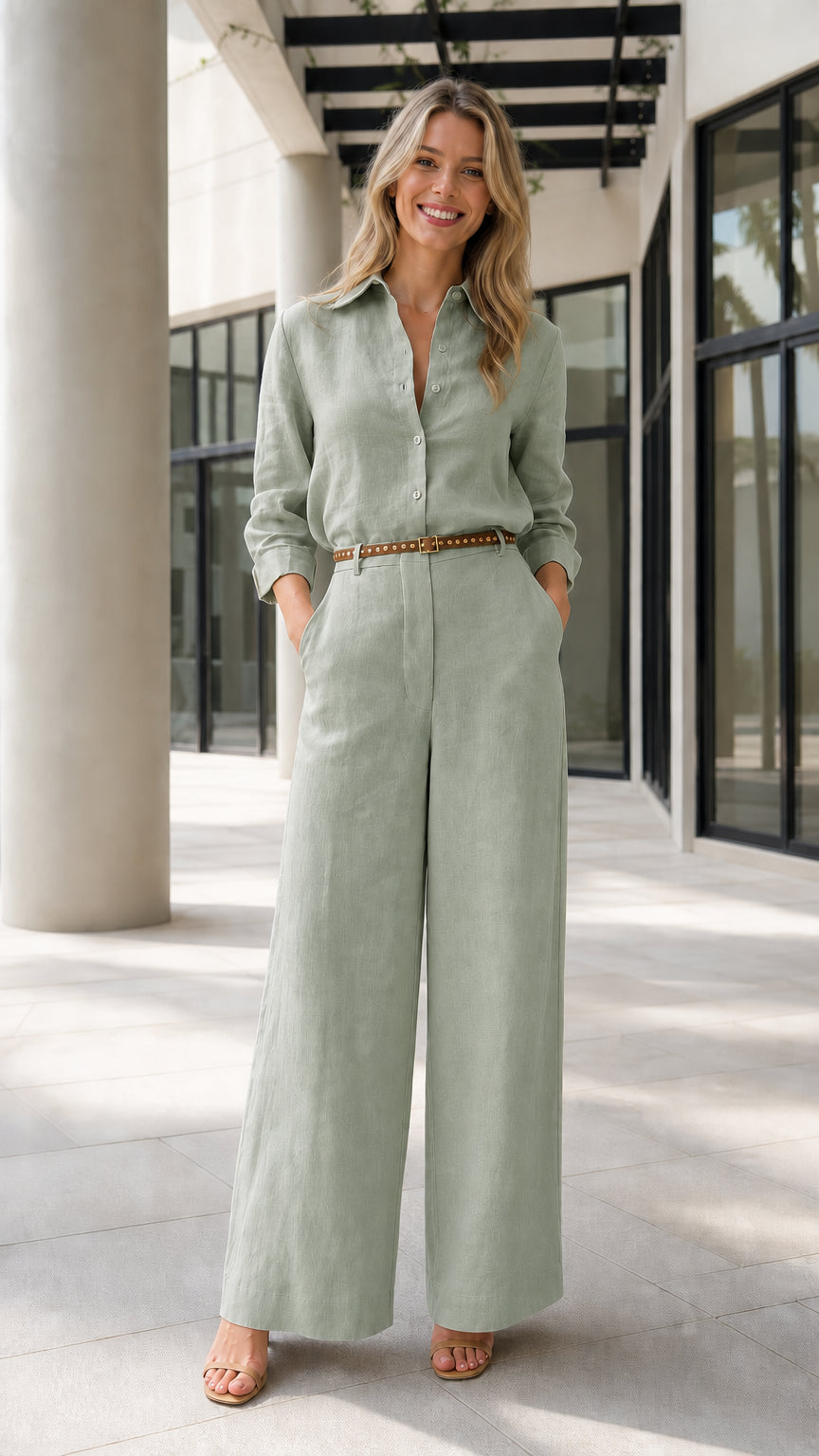 Front view of woman wearing sage green button-up wide-leg jumpsuit