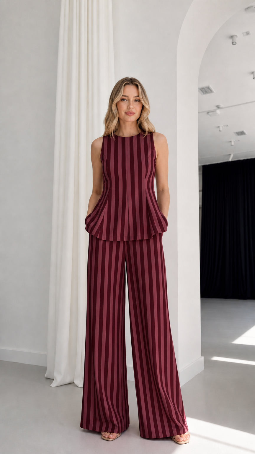 Model wearing burgundy striped matching set