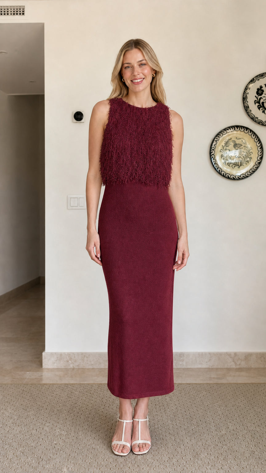 Model wearing burgundy fringe textured sleeveless midi dress