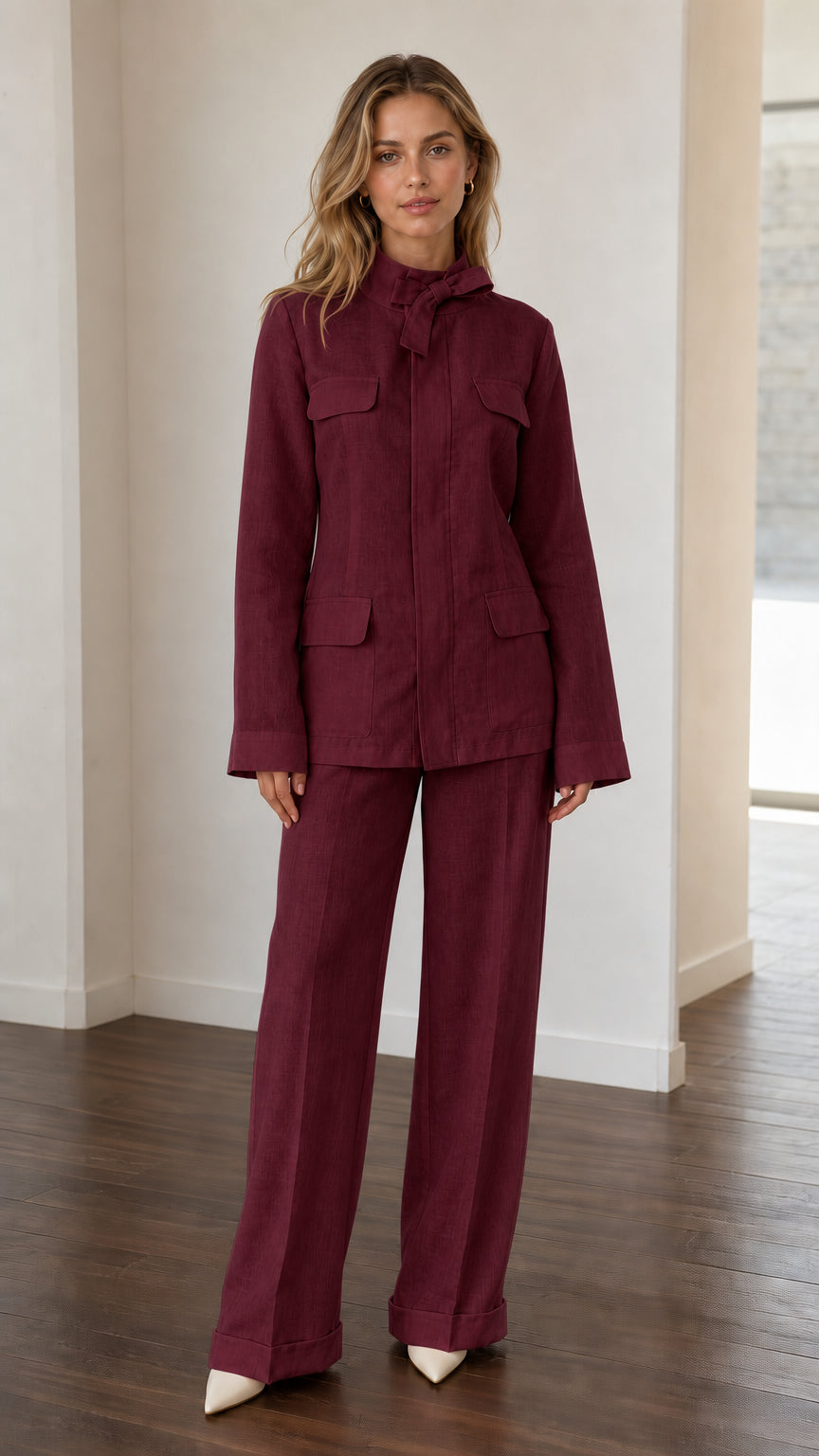 Front view of woman wearing Burgundy utility pant suit set