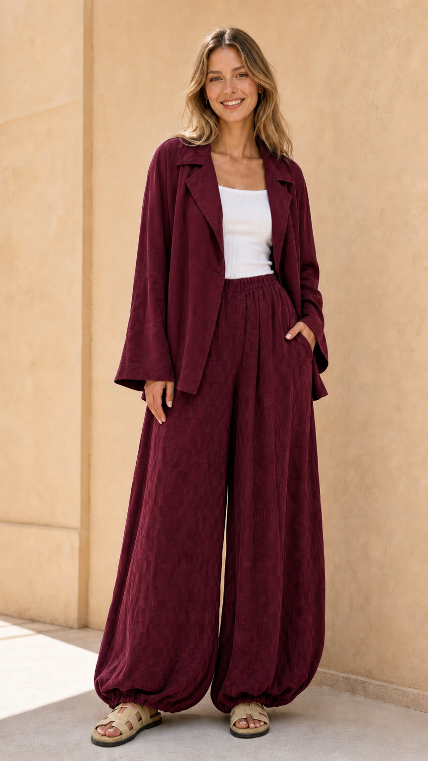 Model wearing burgundy matching blazer and pant set