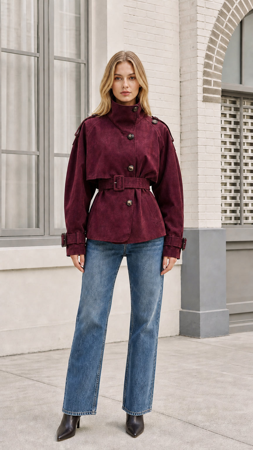 Front view of burgundy faux suede trench jacket