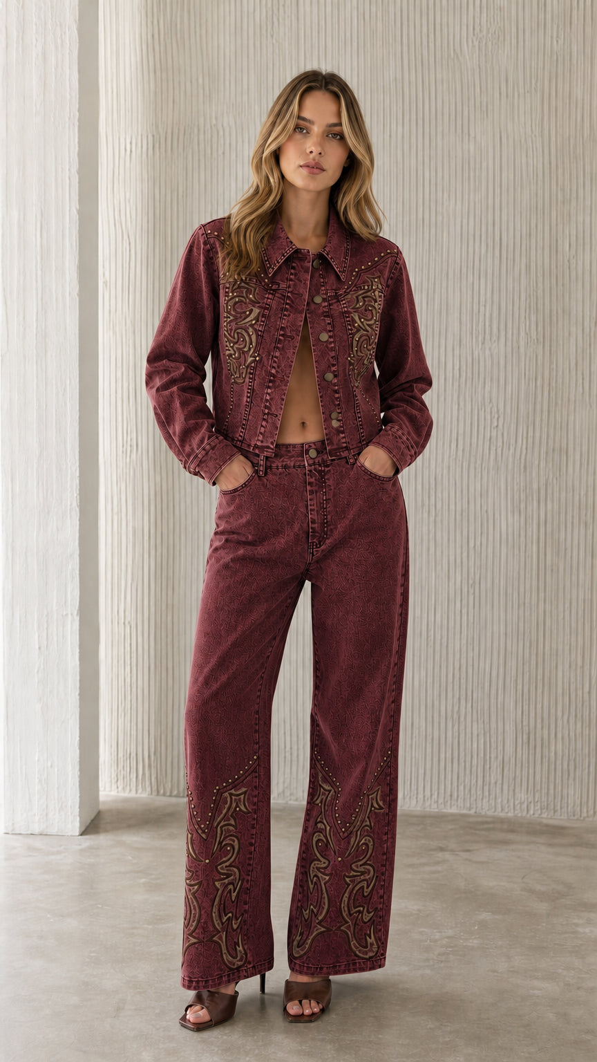 Full view of model wearing burgundy embroidered denim set