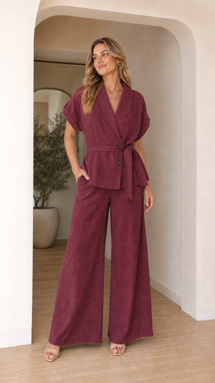 Model wearing burgundy two-piece blazer and wide leg pants set