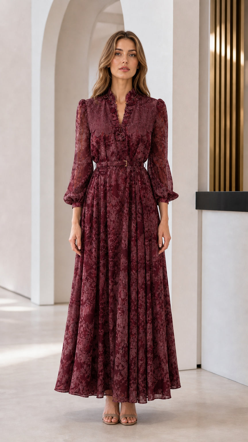 Model wearing burgundy floral long sleeve maxi dress