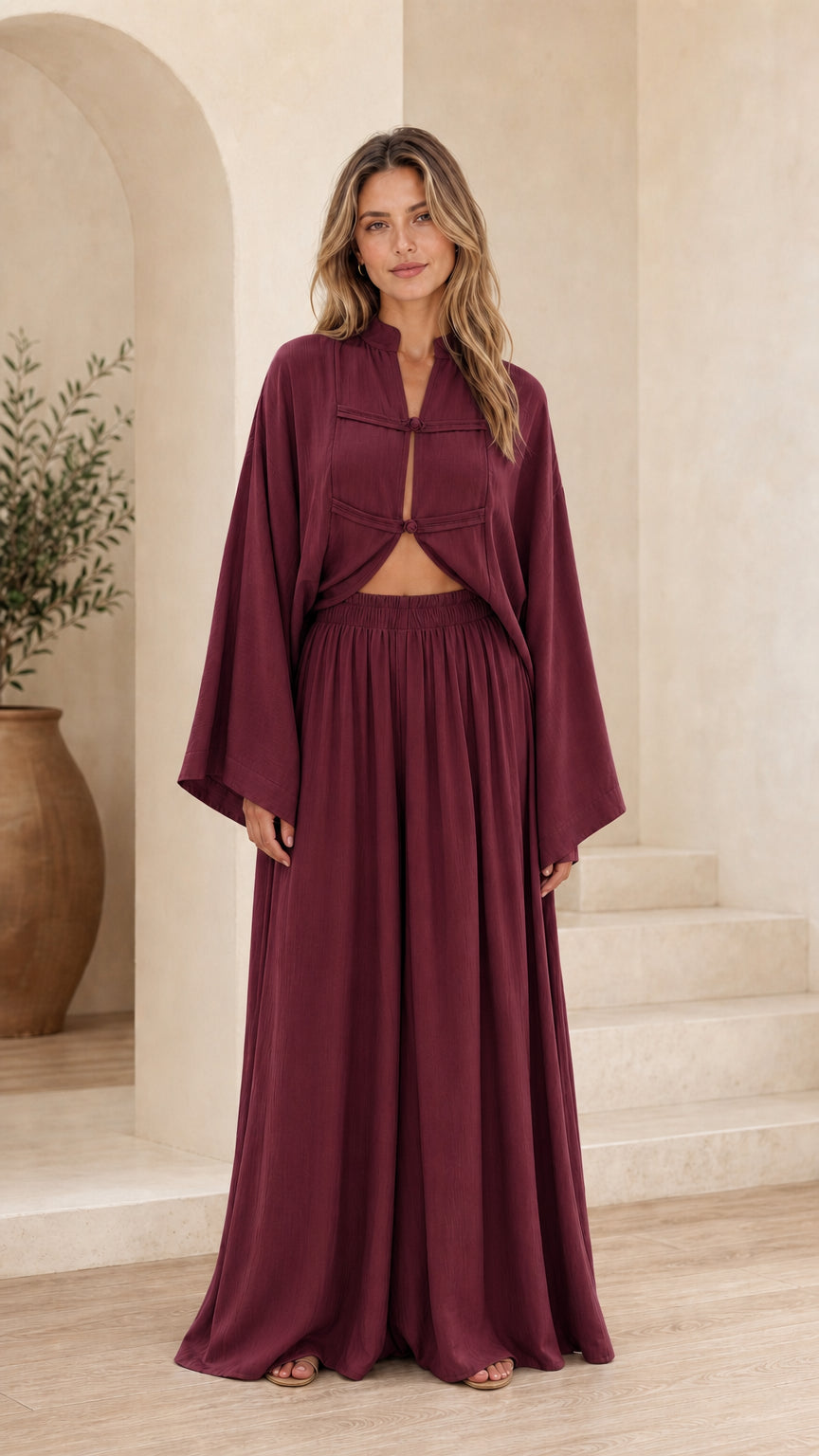 Front full view of burgundy two-piece set