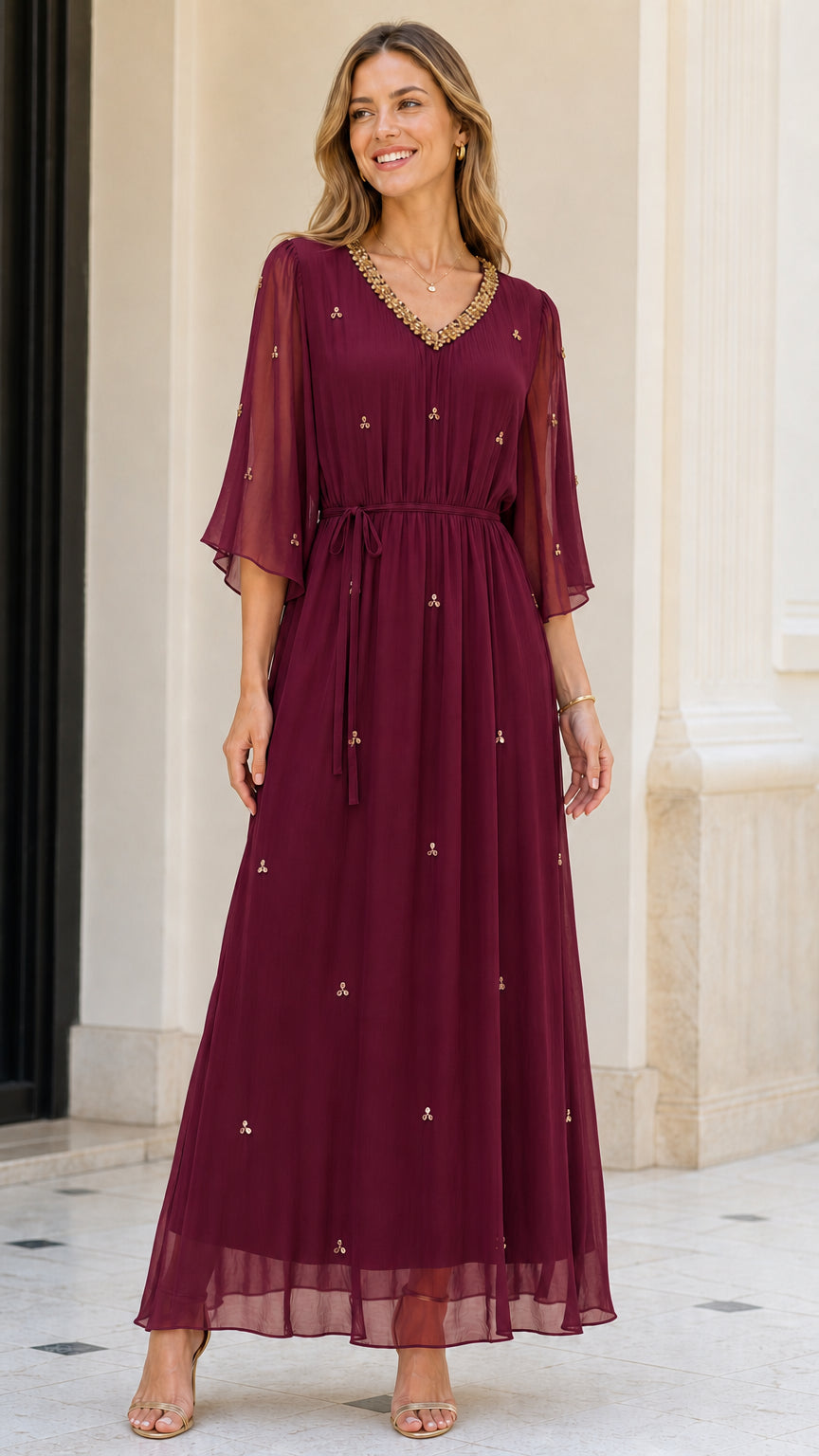 Front view of model wearing Burgundy embellished chiffon maxi dress