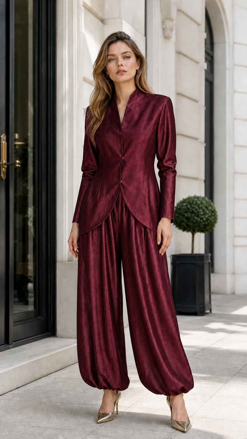 Model wearing metallic burgundy two-piece set