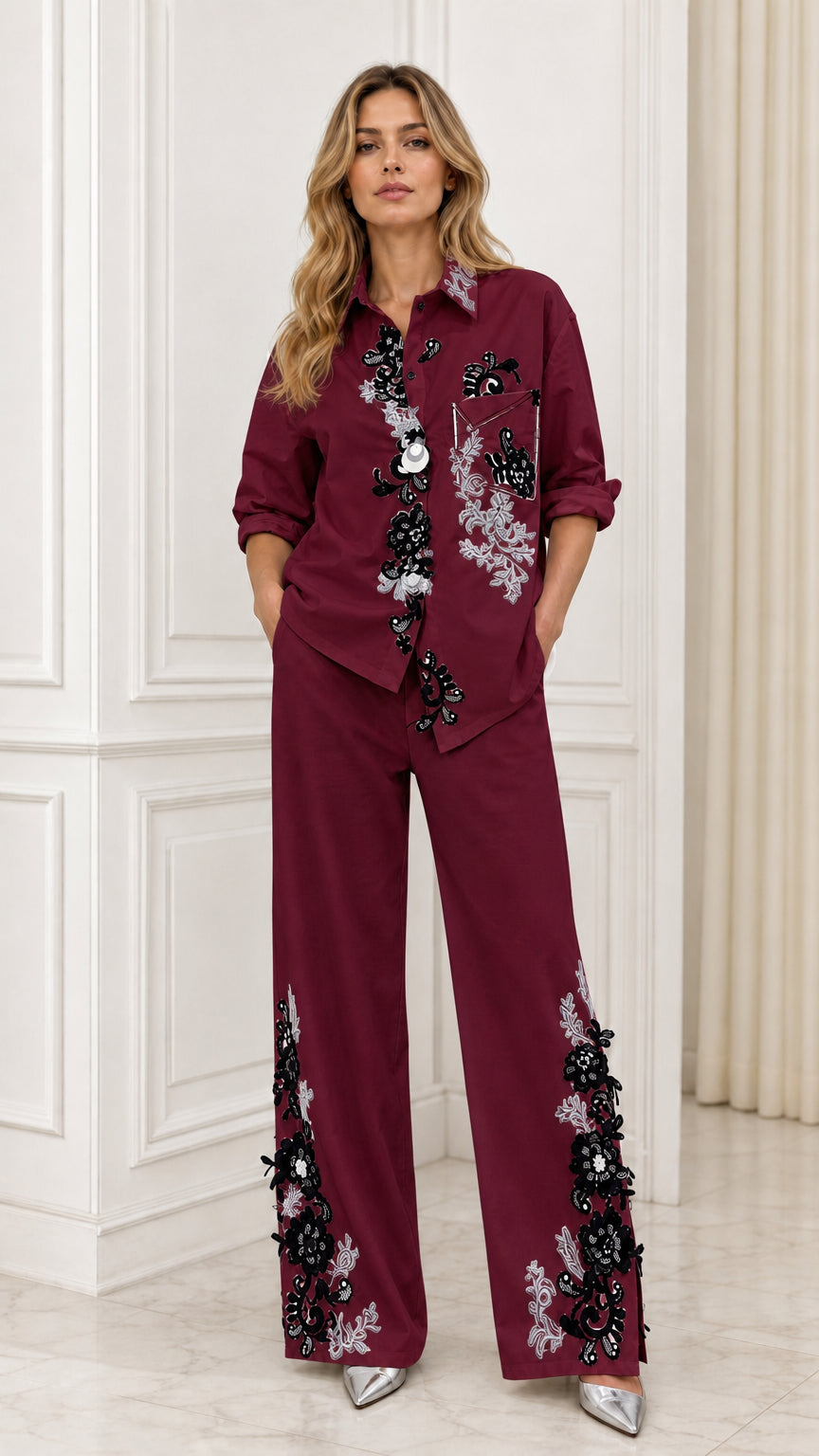 Full front view of burgundy embroidered matching set
