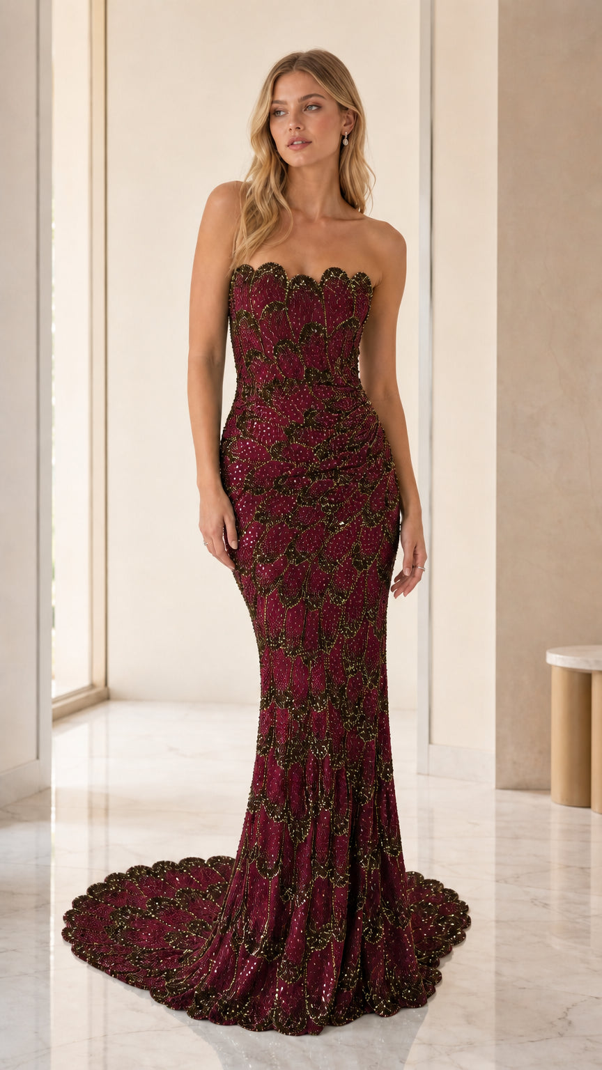 Model wearing burgundy sequin strapless mermaid evening gown