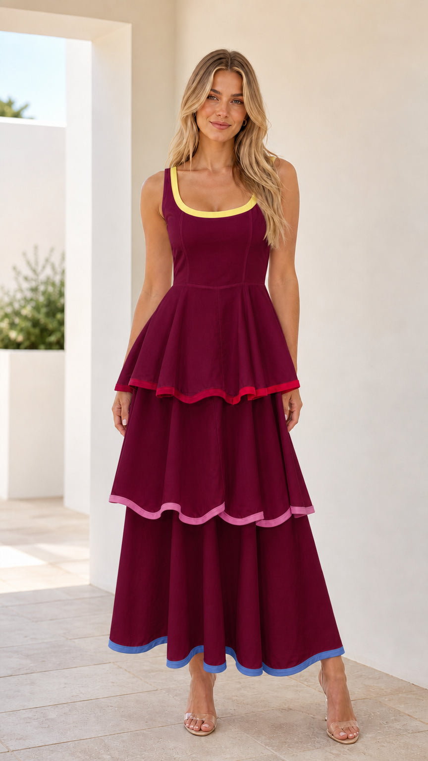 Front view of burgundy contrast trim tiered maxi dress