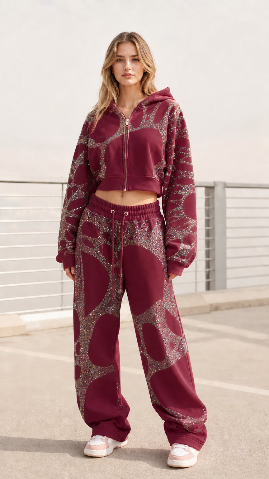 Women's burgundy wine red glitter graphic cropped hoodie and sweatpants set