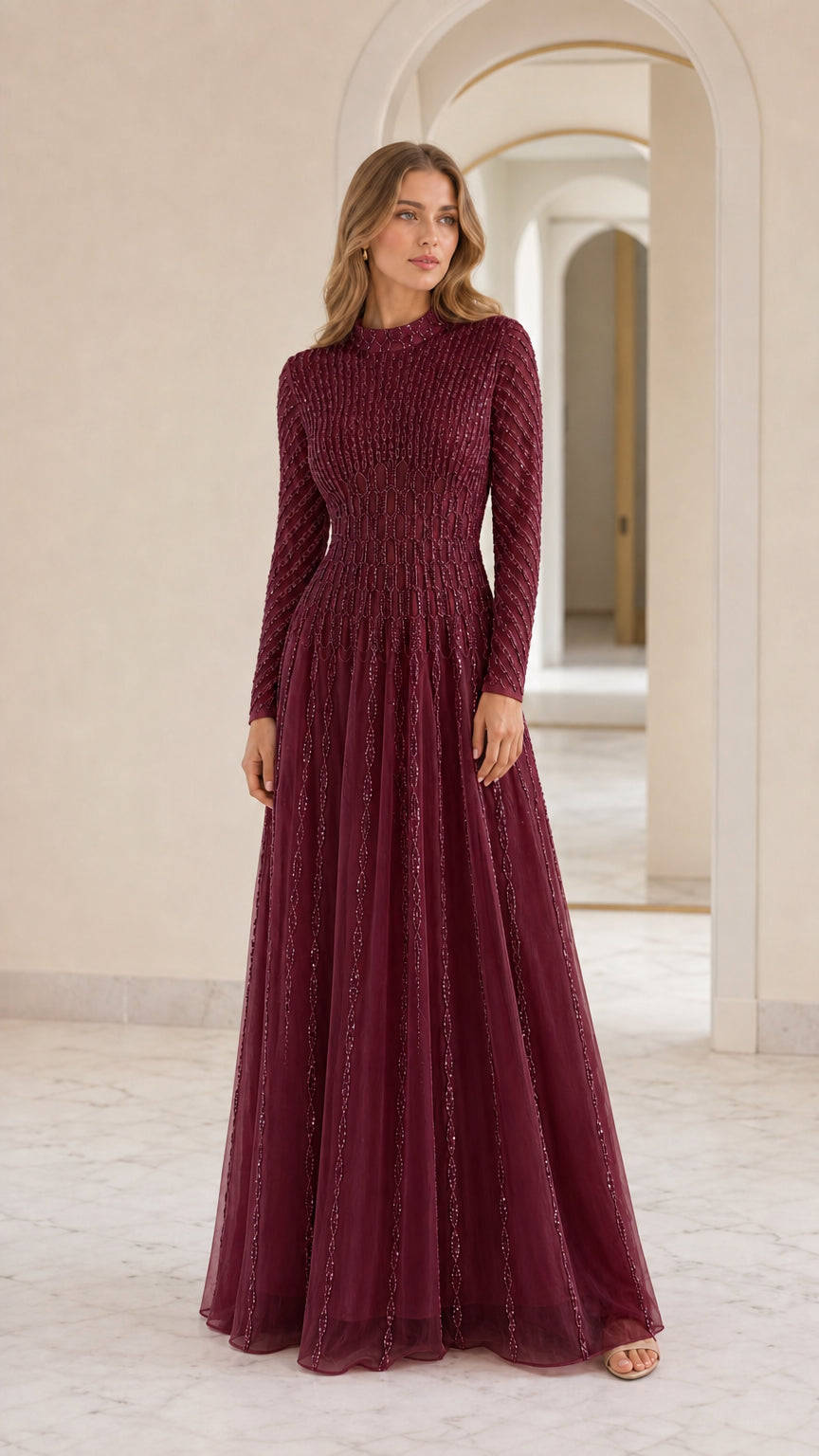 Front view of model wearing burgundy sequin long sleeve maxi dress