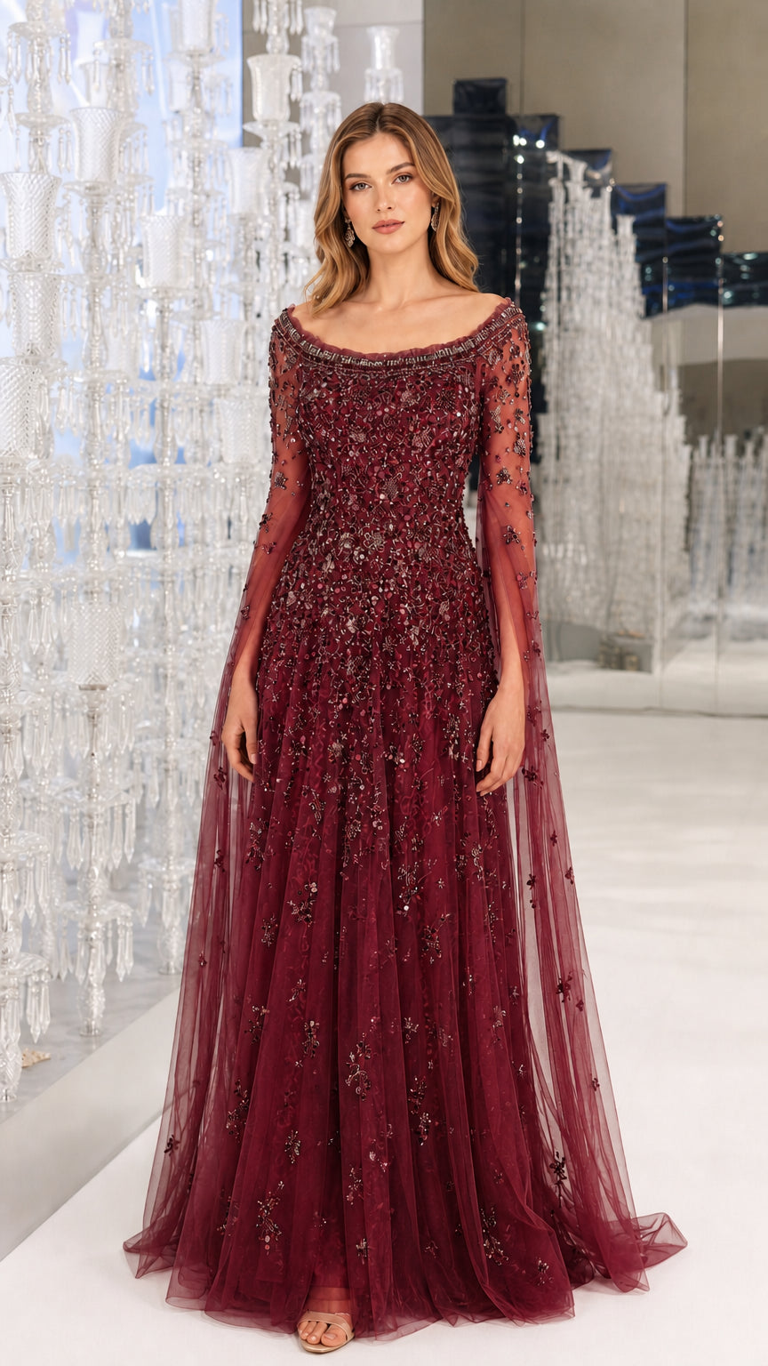 Front view of Burgundy embellished evening gown