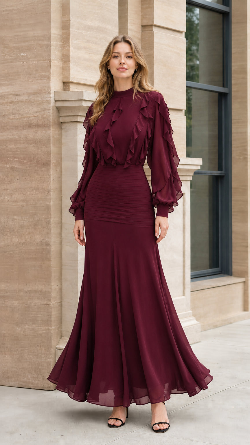 Front view of model wearing burgundy ruffled maxi dress
