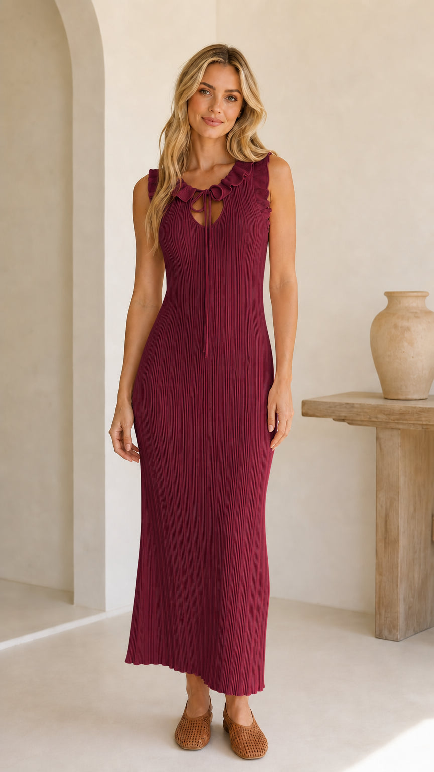 Burgundy variant of the ribbed knit maxi dress
