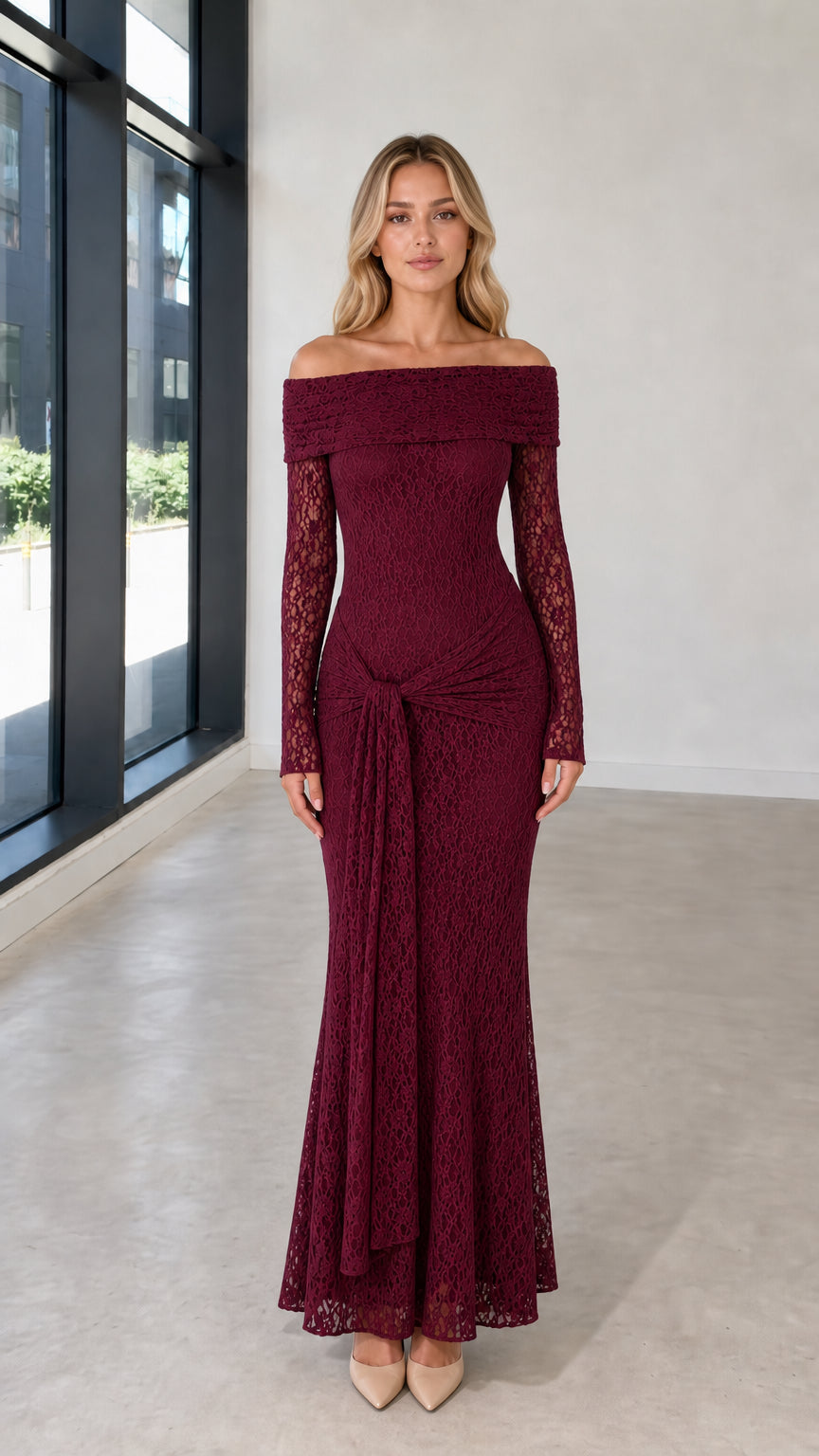 Full front view of model in burgundy lace evening dress