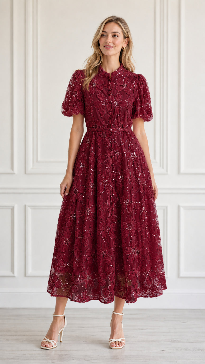 Front view of model wearing burgundy floral embroidered midi dress