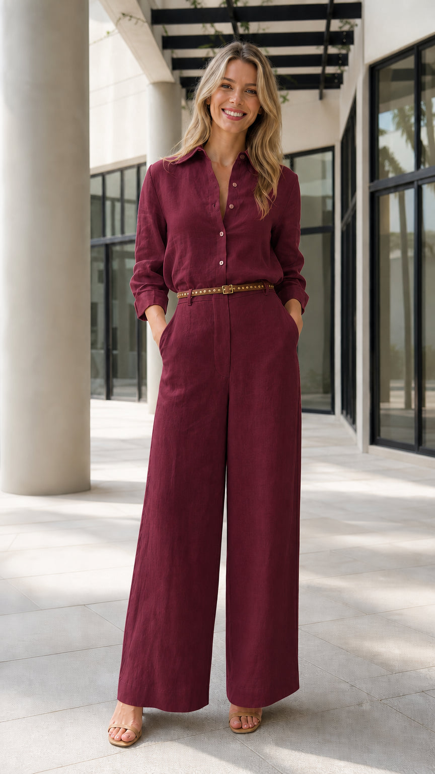 Front view of woman wearing burgundy button-up wide-leg jumpsuit