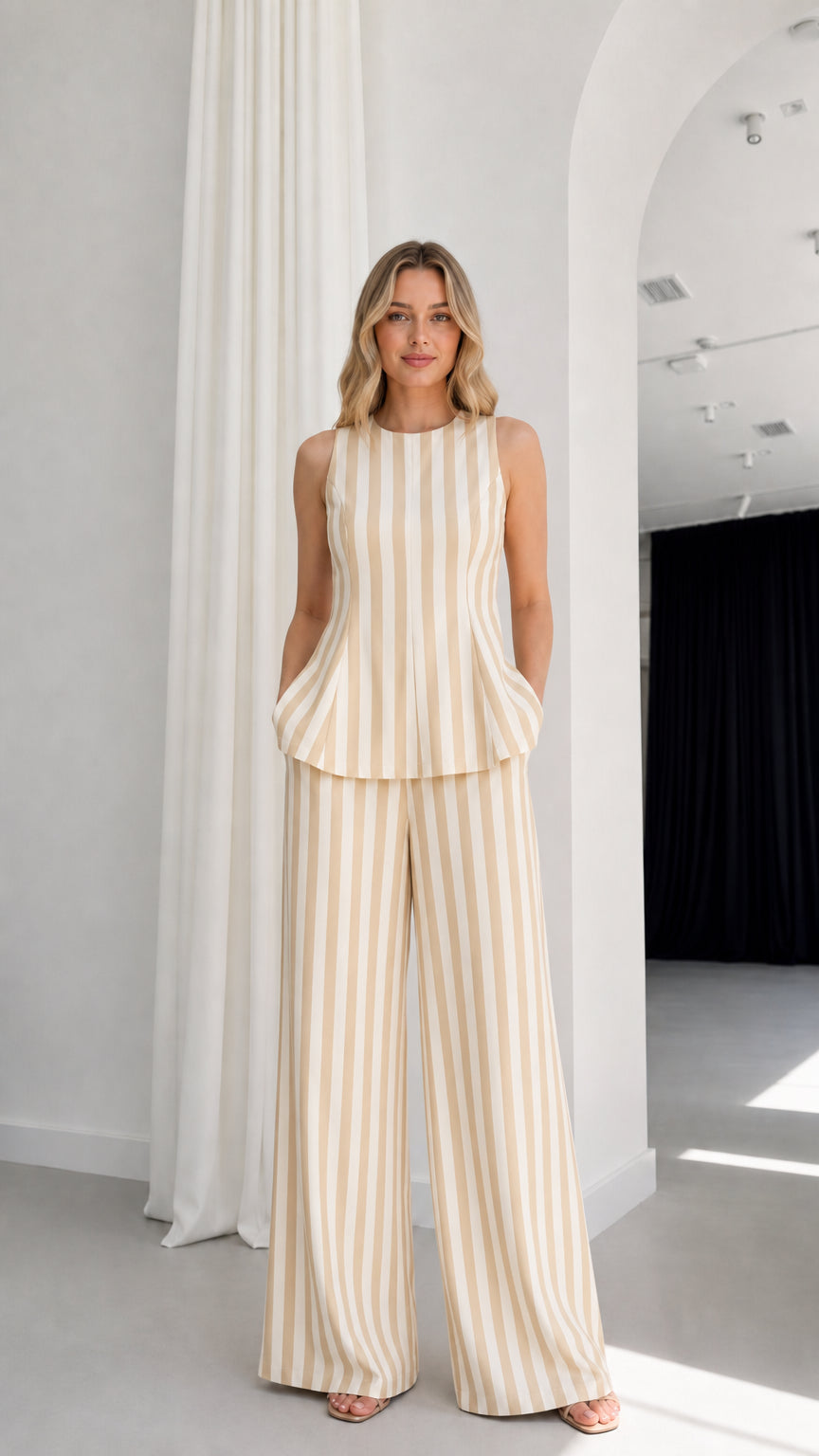 Model wearing beige striped matching set