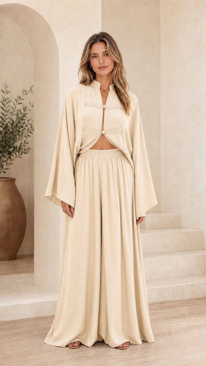 Front full view of beige two-piece set