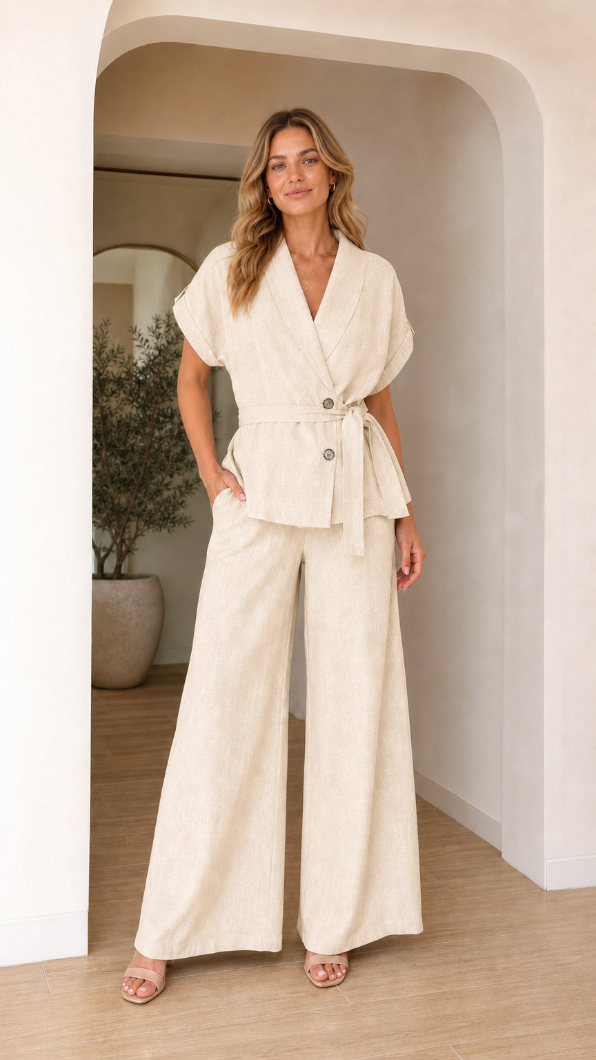 Model wearing cream two-piece blazer and wide leg pants set