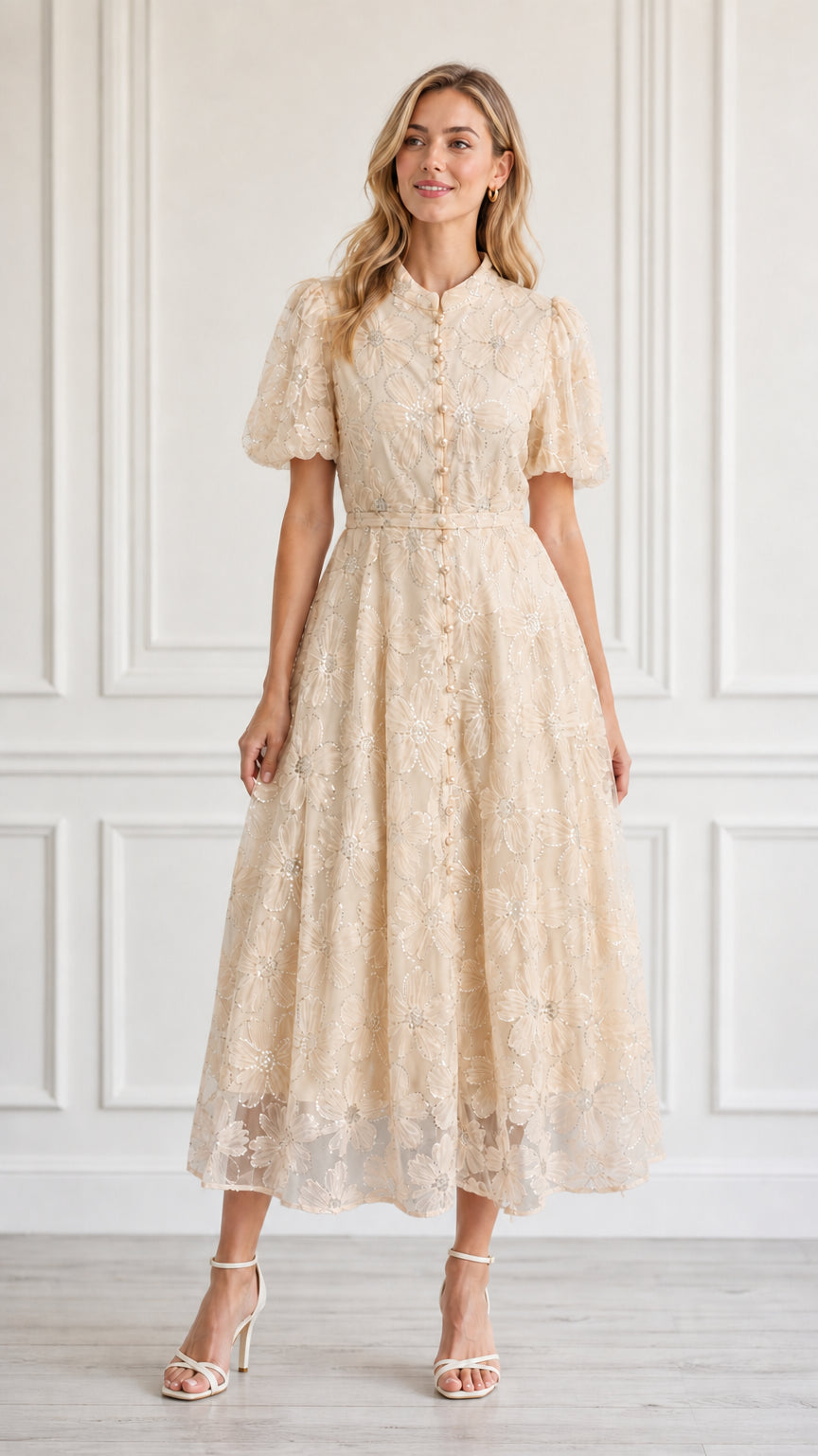 Front view of model wearing champagne floral embroidered midi dress