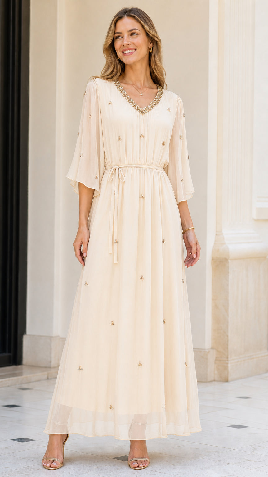 Front view of model wearing Champagne embellished chiffon maxi dress