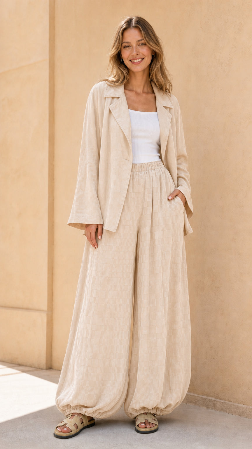 Model wearing beige matching blazer and pant set