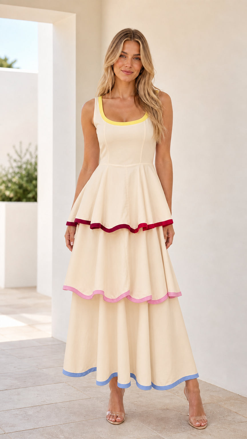 Front view of cream contrast trim tiered maxi dress