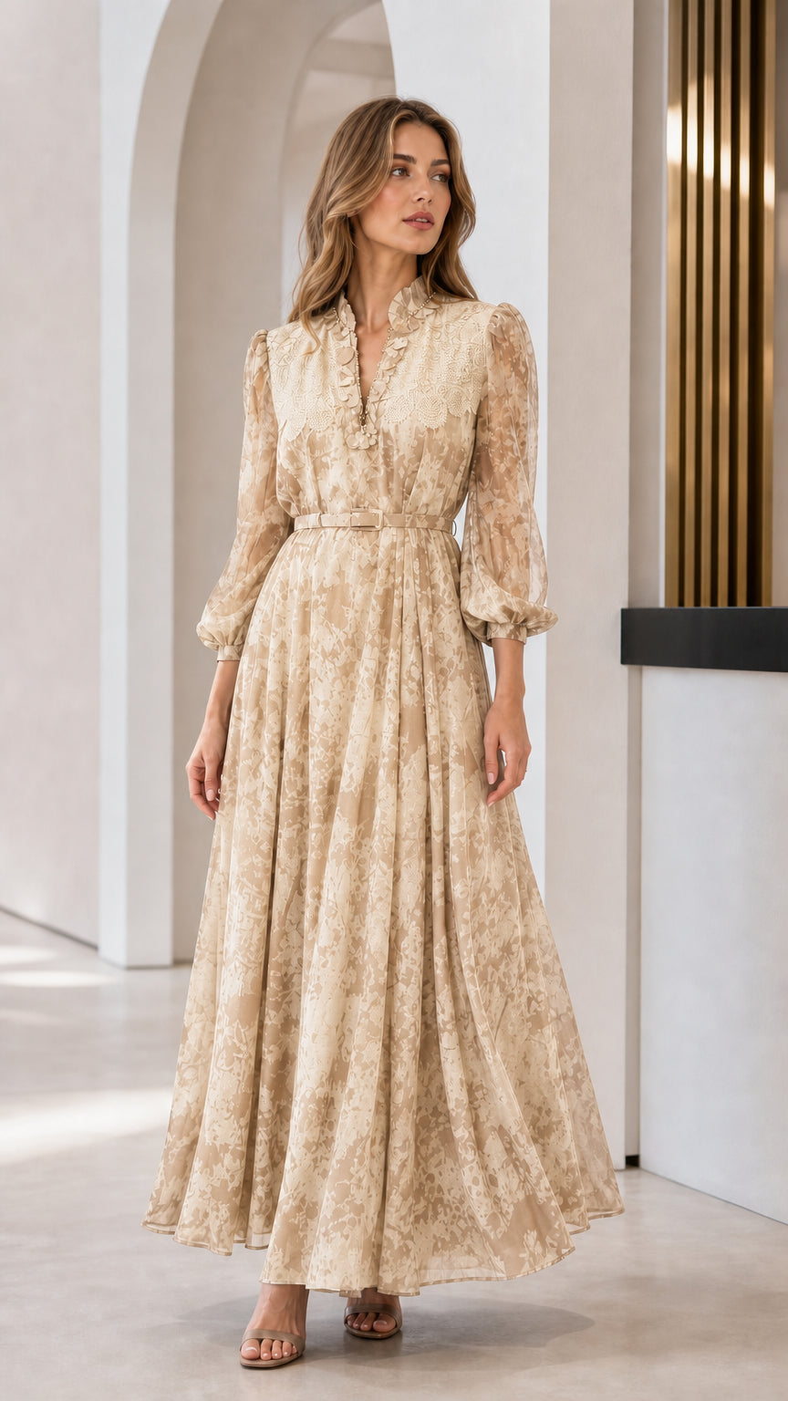 Model wearing champagne floral long sleeve maxi dress